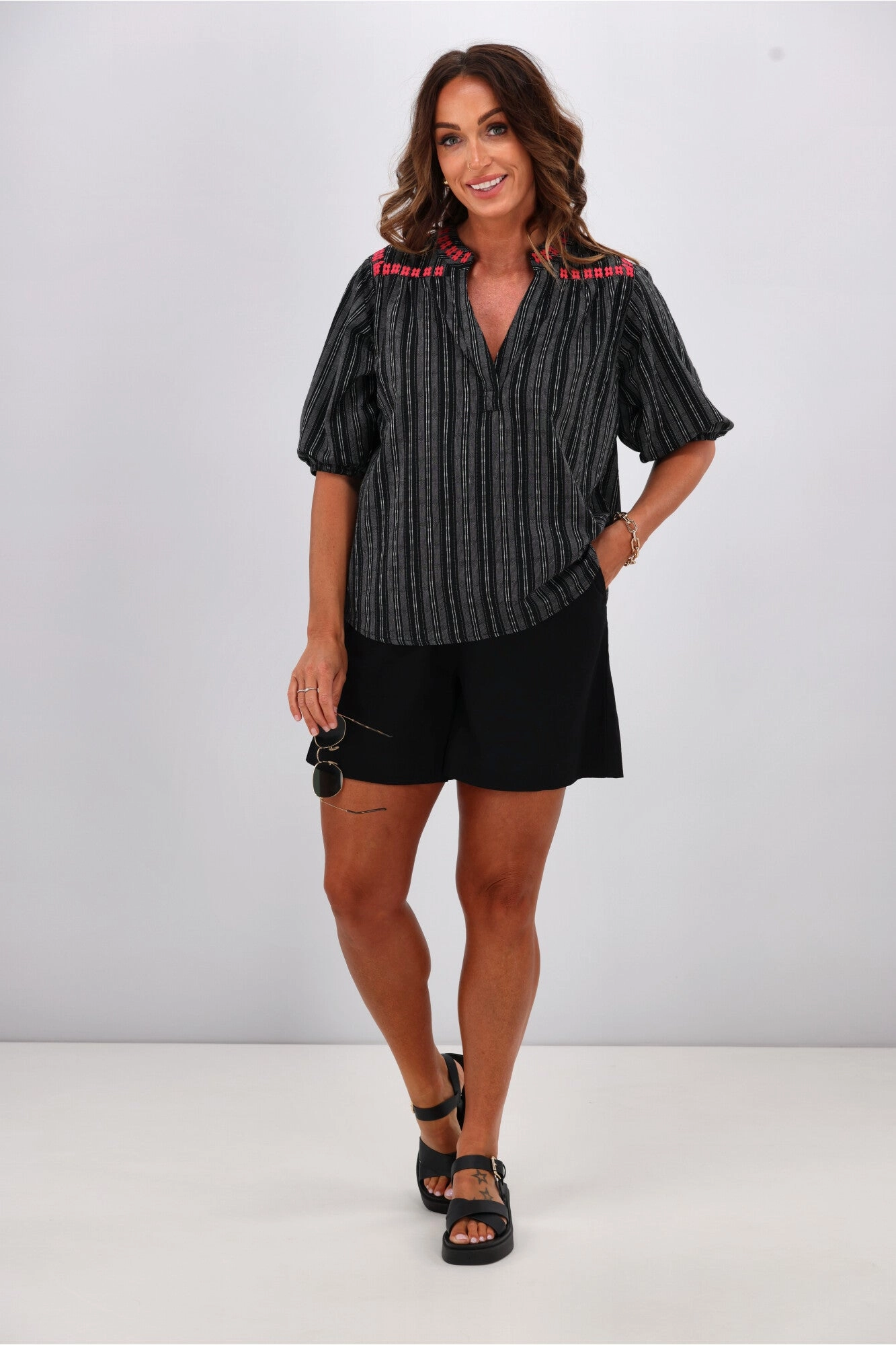 Shine On Label Makena Embroiderd Striped Top Black