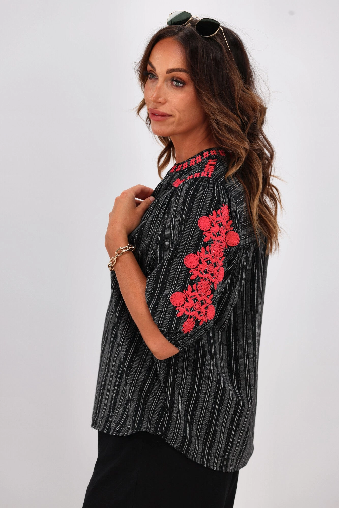 Shine On Label Makena Embroiderd Striped Top Black