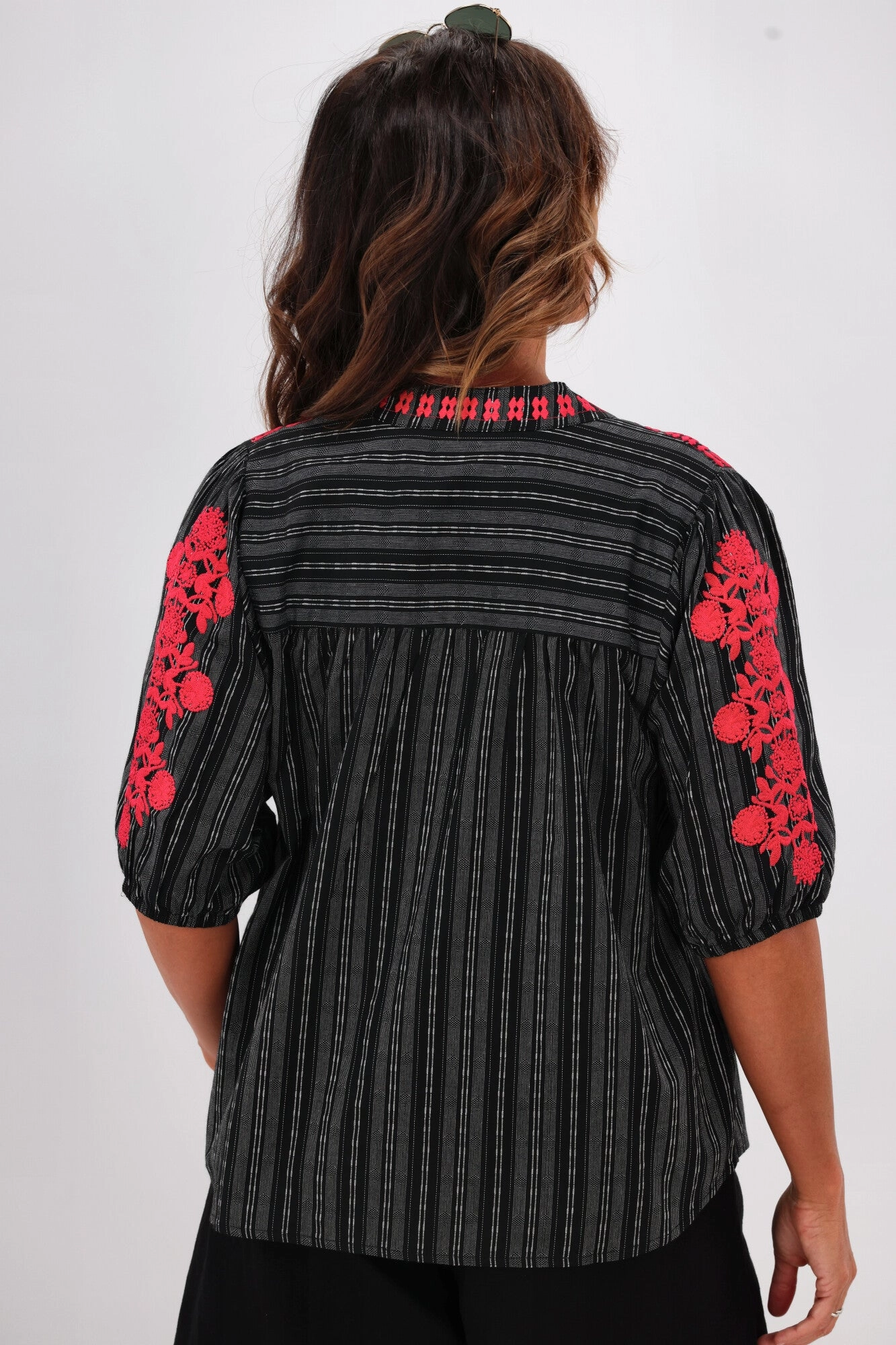 Shine On Label Makena Embroiderd Striped Top Black