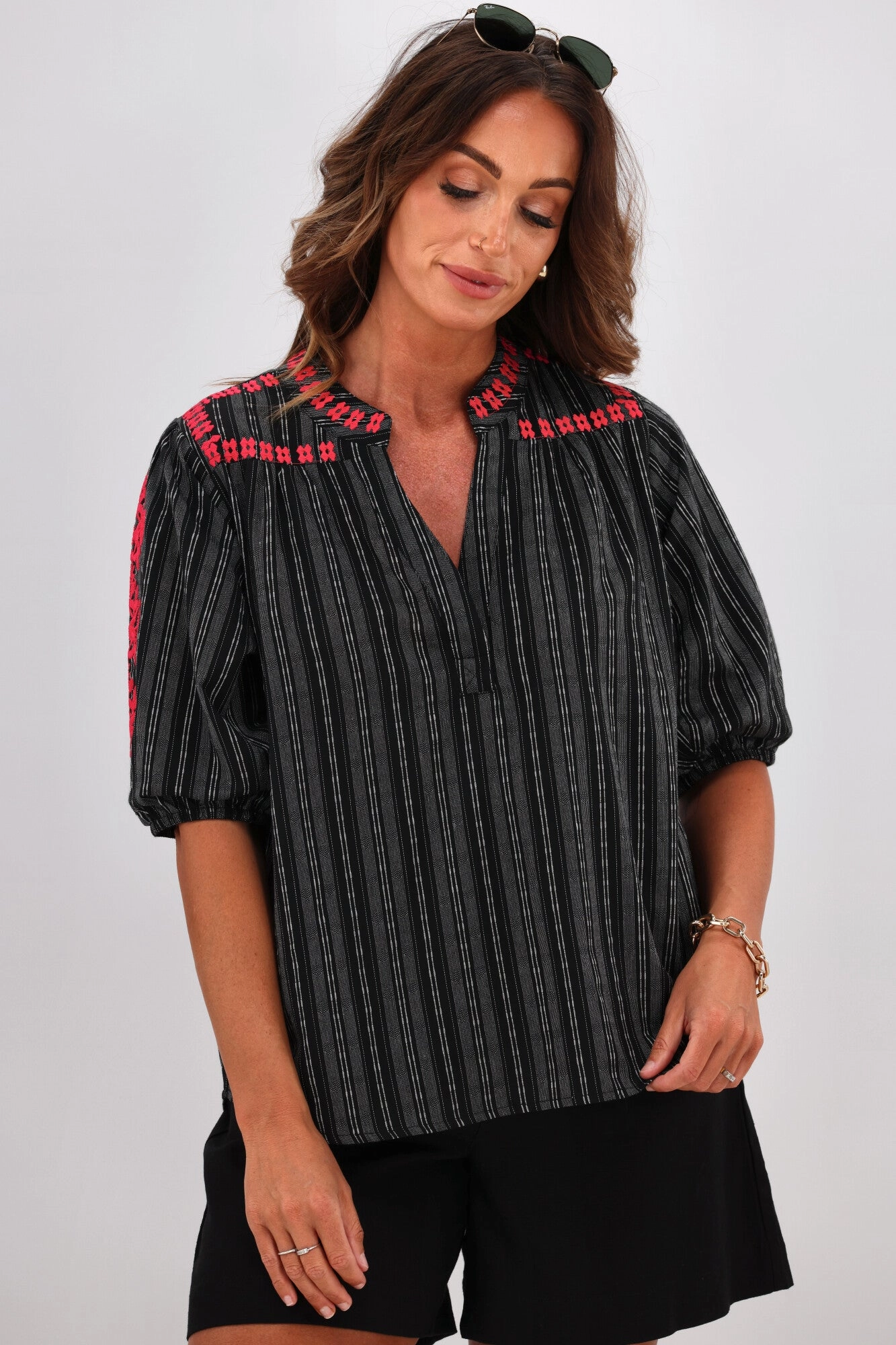 Shine On Label Makena Embroiderd Striped Top Black