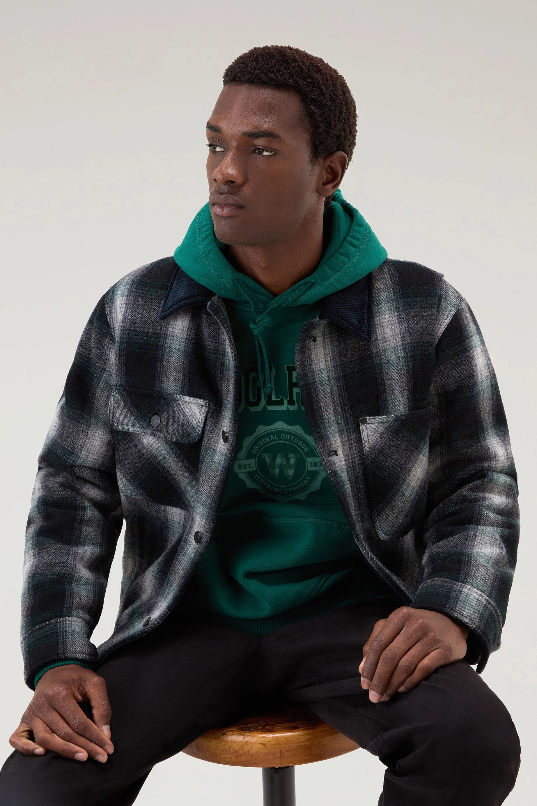 Trucker Padded Jacket in Recycled Wool Blend Hombre Grey