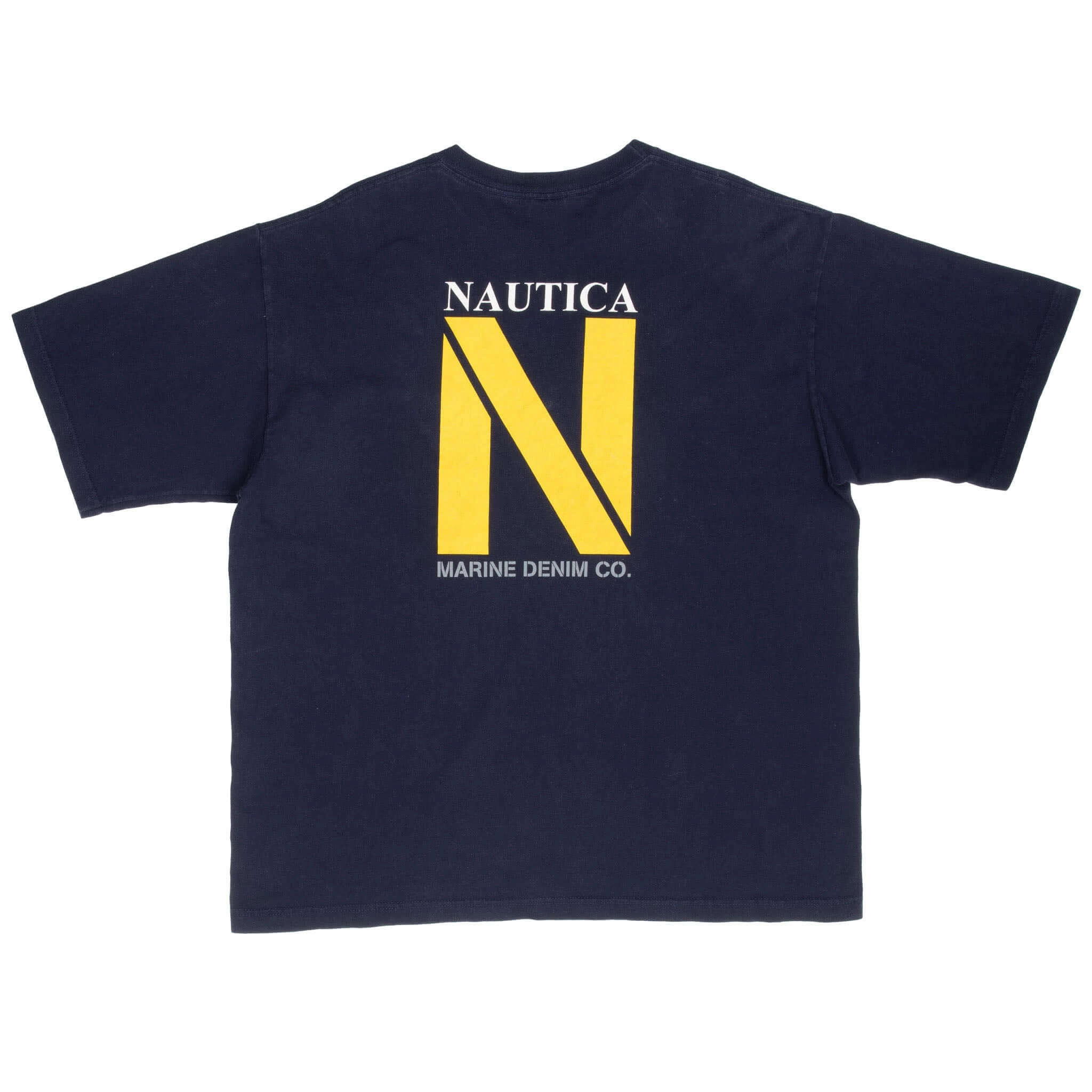 VINTAGE NAUTICA MARINE DENIM BLUE TEE SHIRT 1990S 2XL MADE IN USA