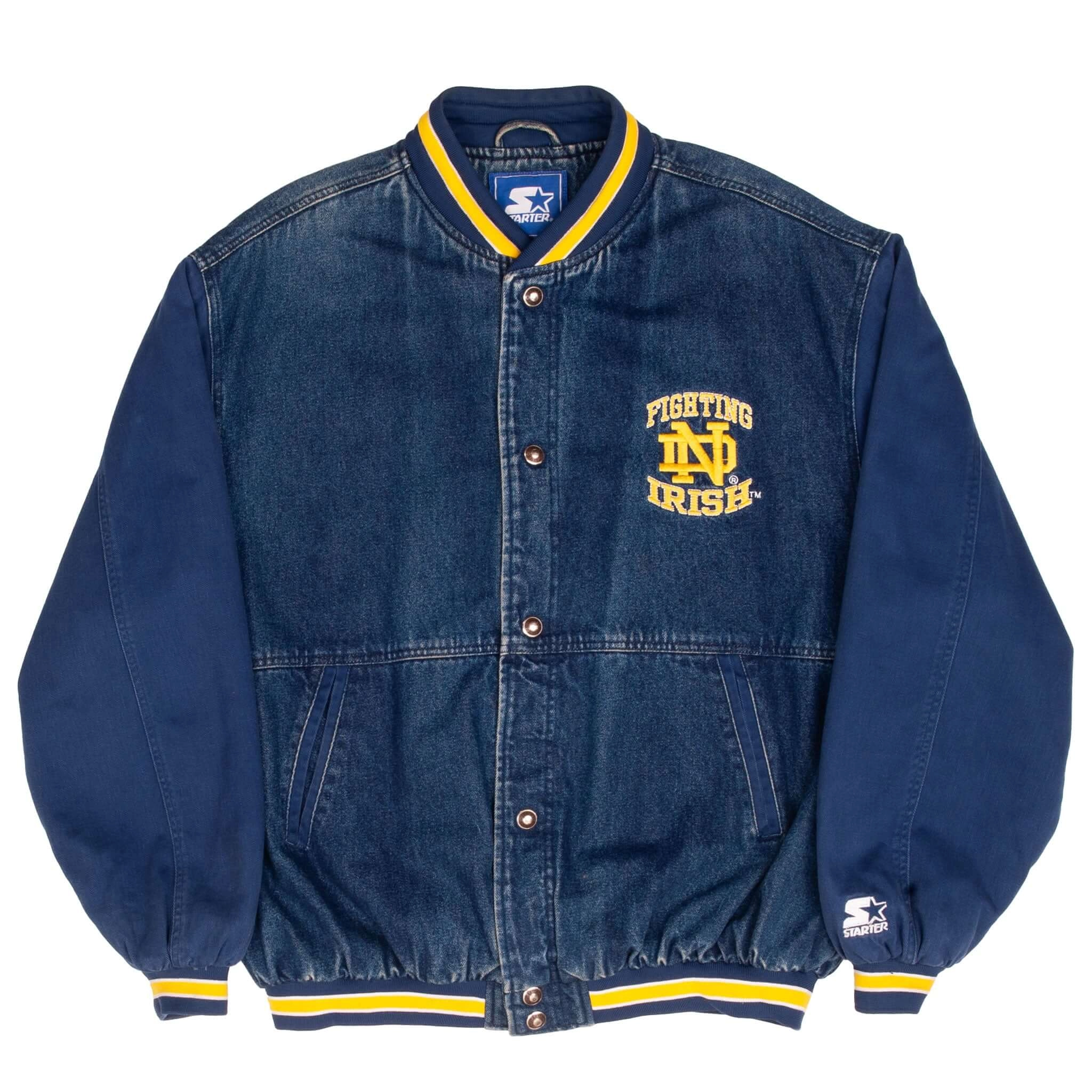 VINTAGE NCAA NOTRE DAME FIGHTING IRISH STARTER DENIM VARSITY JACKET 1990S SZE XL