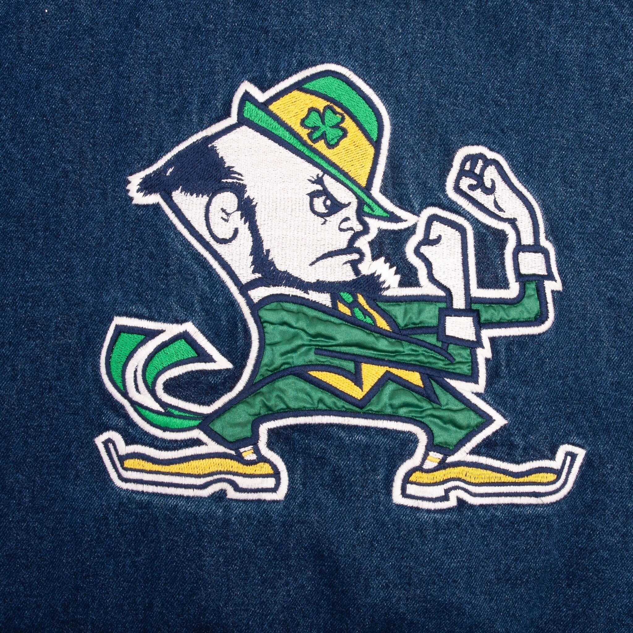VINTAGE NCAA NOTRE DAME FIGHTING IRISH STARTER DENIM VARSITY JACKET 1990S SZE XL