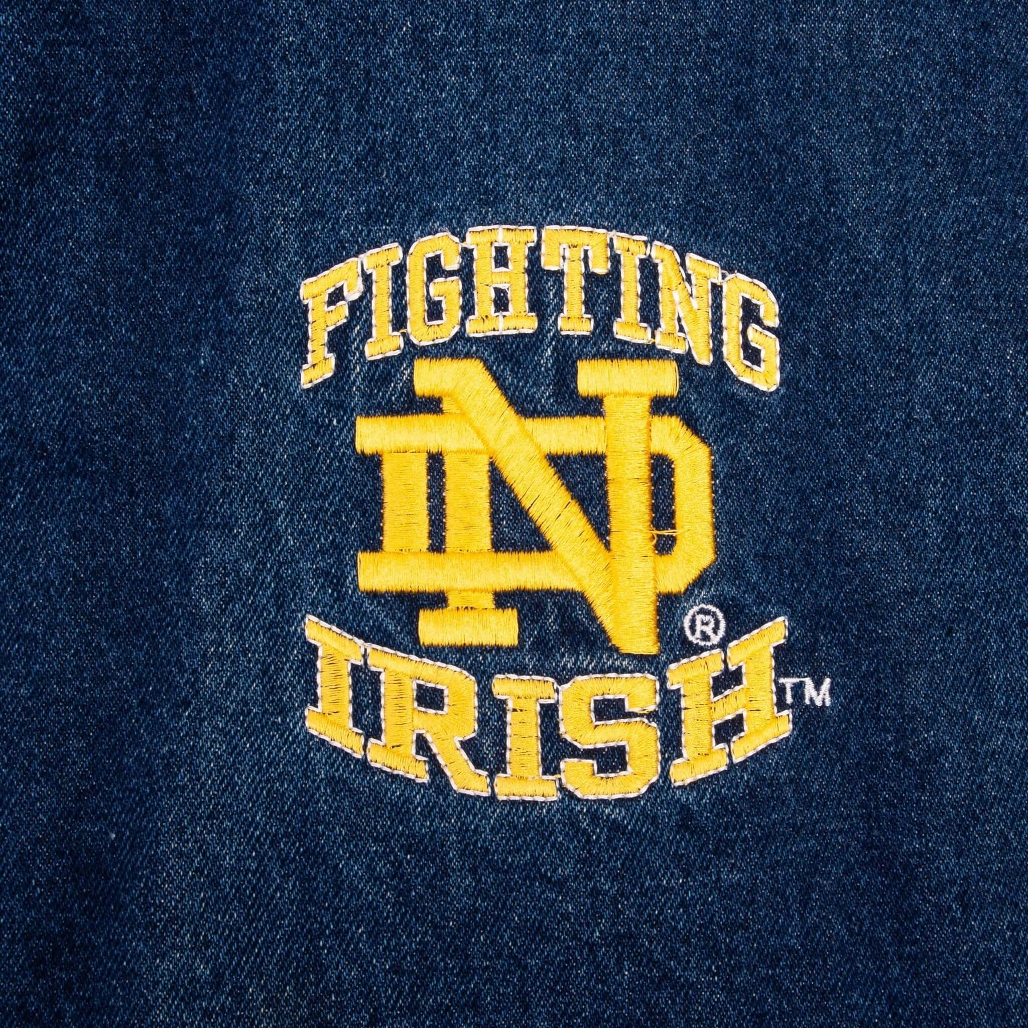 VINTAGE NCAA NOTRE DAME FIGHTING IRISH STARTER DENIM VARSITY JACKET 1990S SZE XL