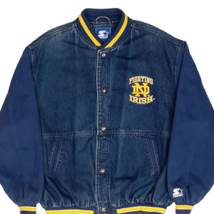 VINTAGE NCAA NOTRE DAME FIGHTING IRISH STARTER DENIM VARSITY JACKET 1990S SZE XL