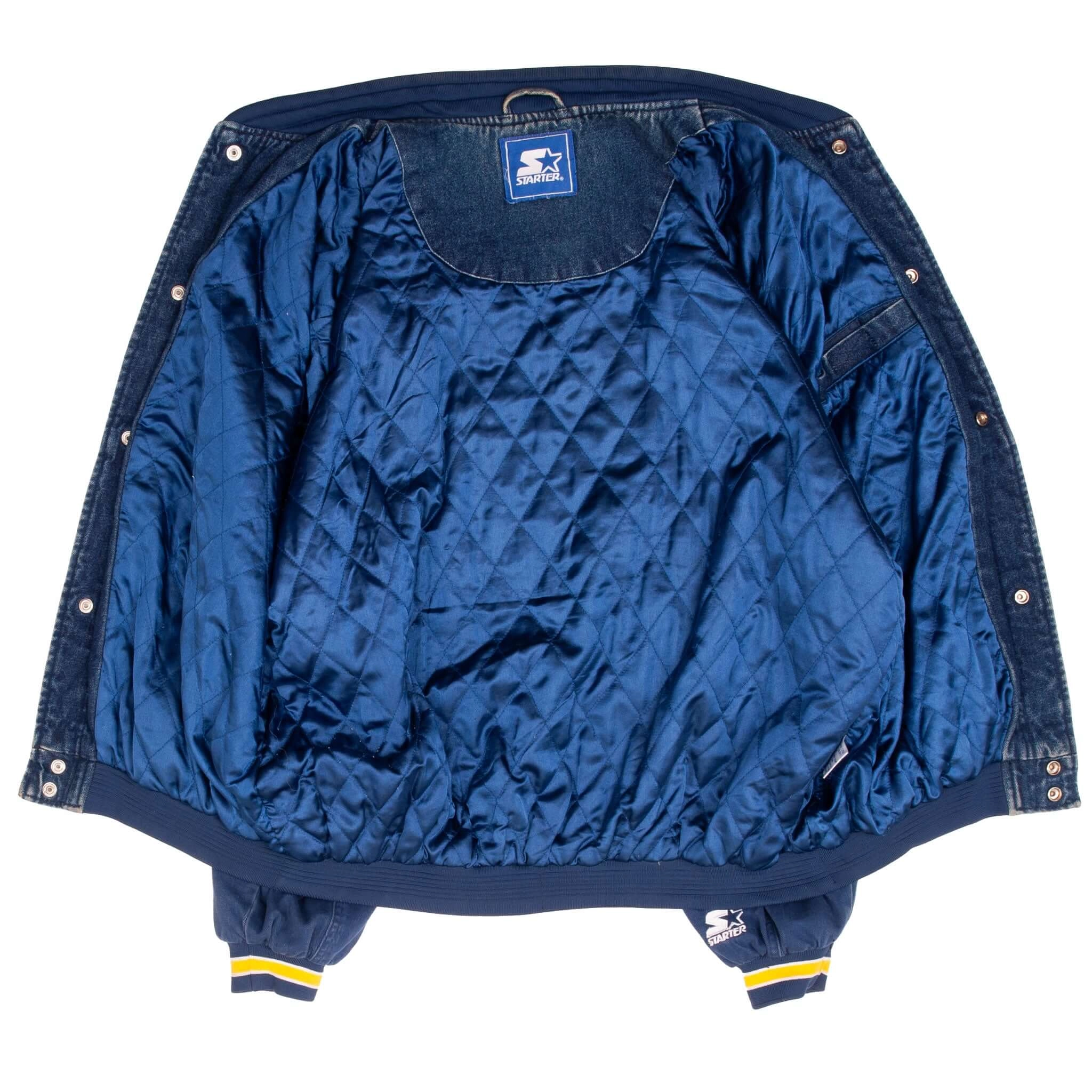 VINTAGE NCAA NOTRE DAME FIGHTING IRISH STARTER DENIM VARSITY JACKET 1990S SZE XL