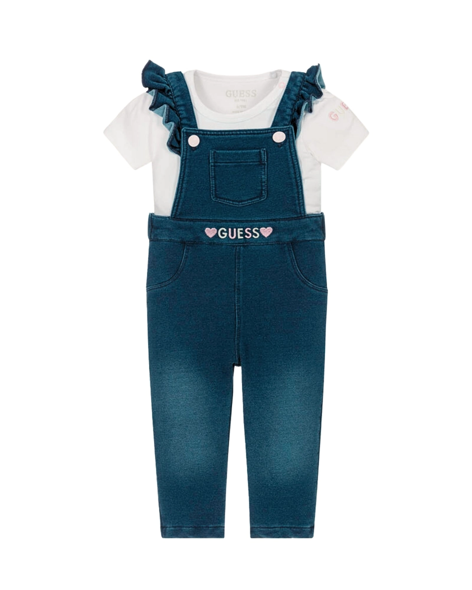 White Short Sleeve Bodysuit and Knit Denim Overalls (0-18m)