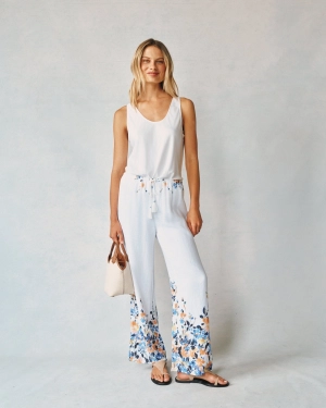 Wide Leg Pant W/ Drawcord - Floral Border Print