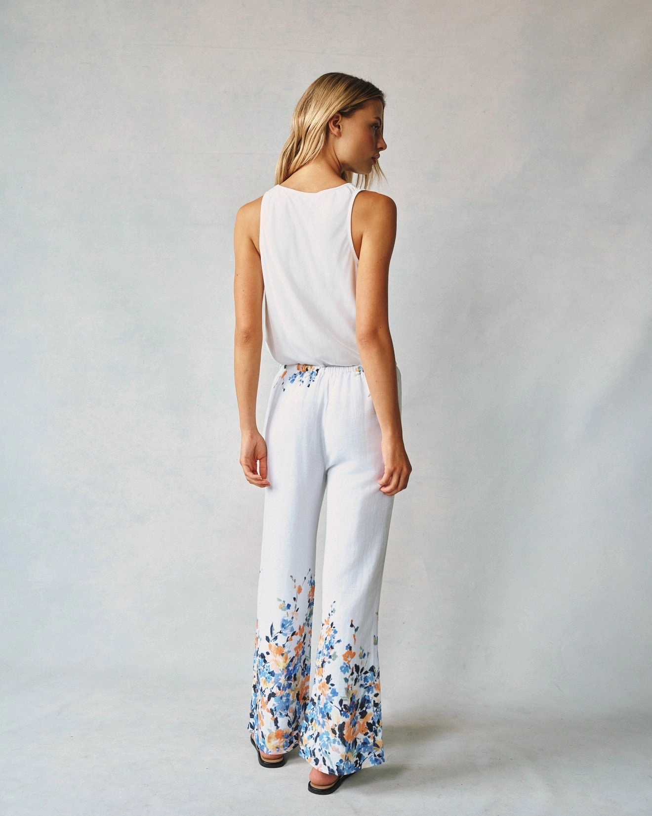 Wide Leg Pant W/ Drawcord - Floral Border Print