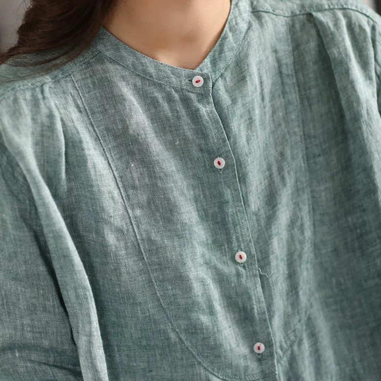 Women Spring Retro Linen Solid Color Long Sleeve Shirt