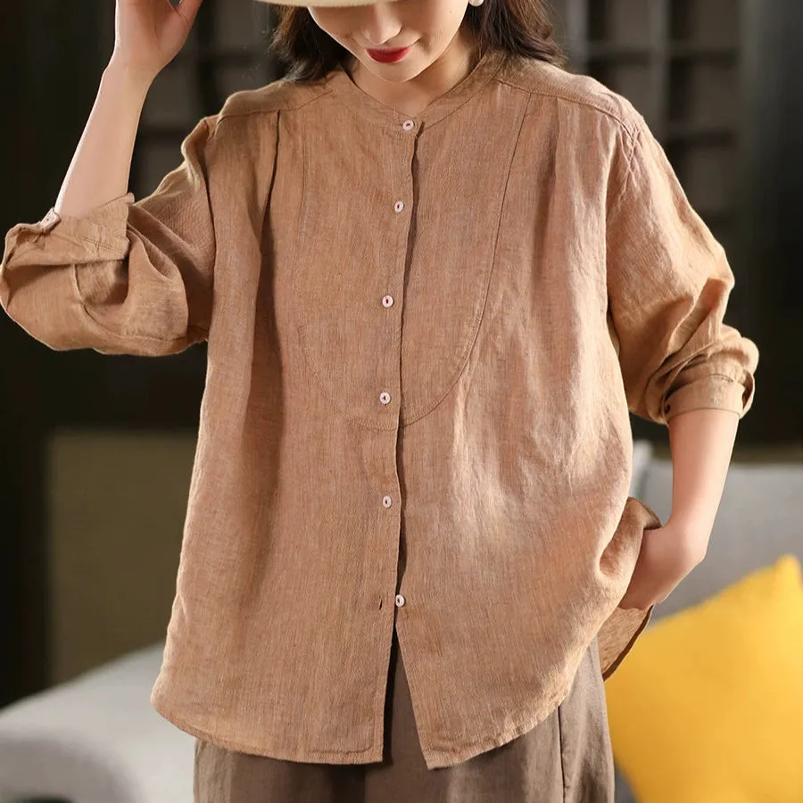 Women Spring Retro Linen Solid Color Long Sleeve Shirt
