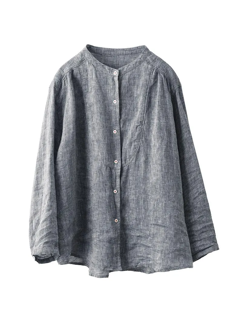 Women Spring Retro Linen Solid Color Long Sleeve Shirt
