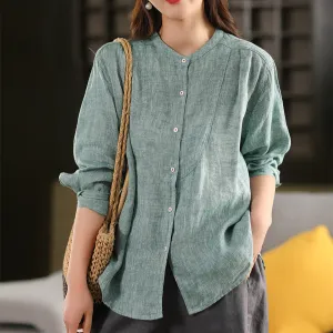 Women Spring Retro Linen Solid Color Long Sleeve Shirt