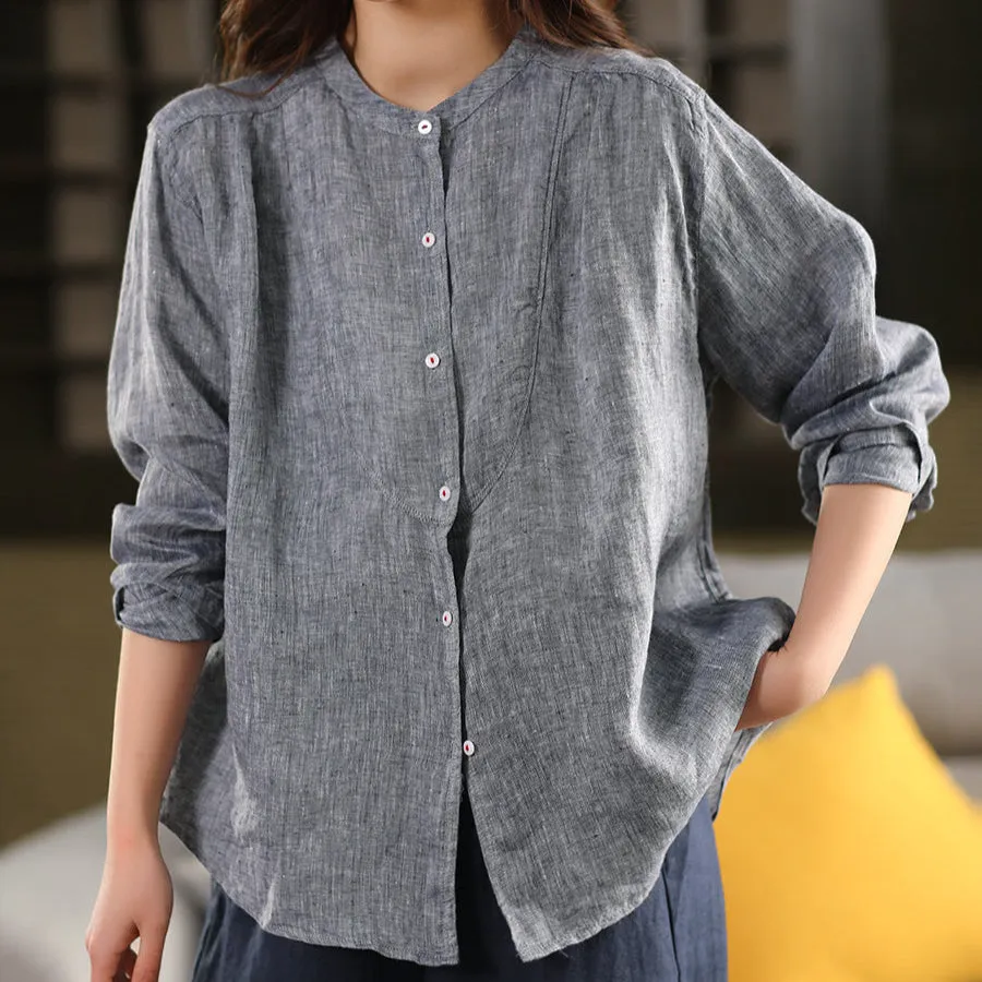 Women Spring Retro Linen Solid Color Long Sleeve Shirt