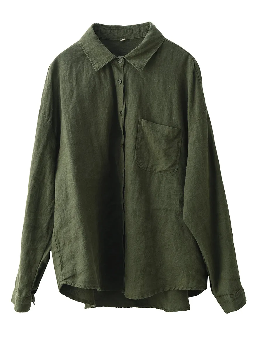 Women Spring Retro Pure Linen Solid Color Casual Blouse