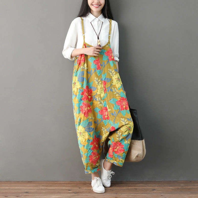 Women Summer Retro Floral Printed Strappy Pants