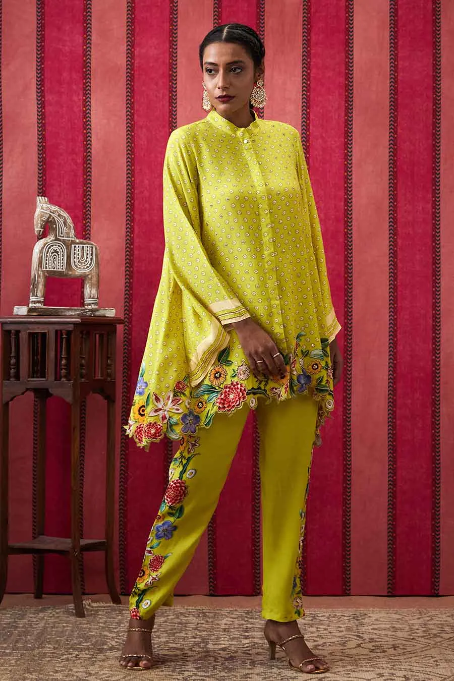 Yellow Gulista Applique High-Low Shirt & Pant Co-Ord Set
