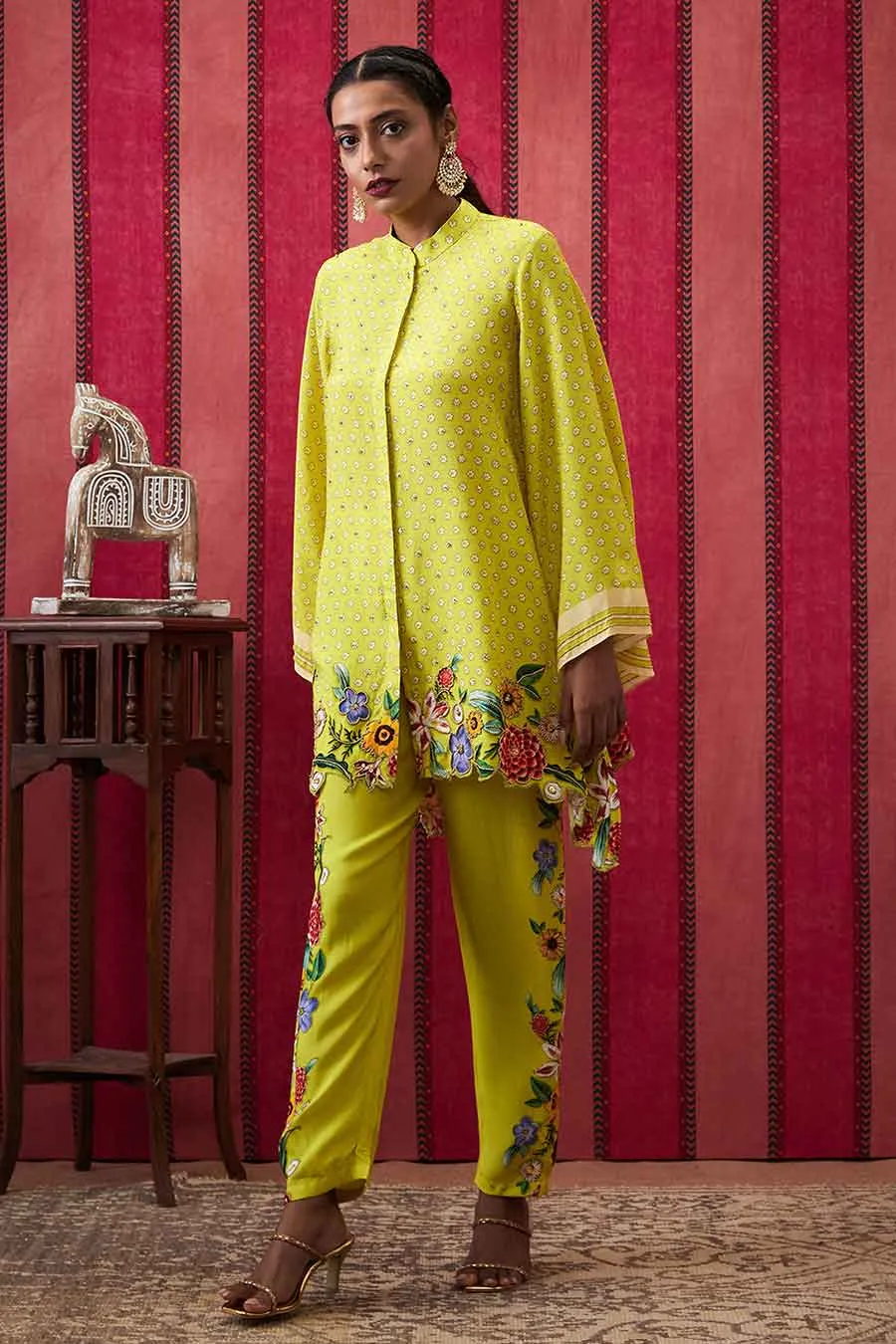 Yellow Gulista Applique High-Low Shirt & Pant Co-Ord Set