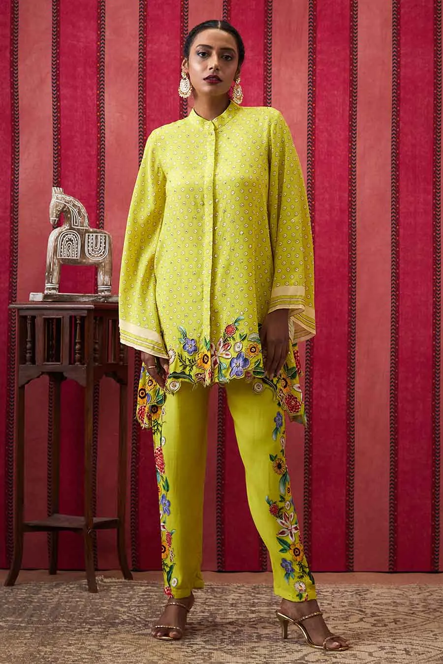 Yellow Gulista Applique High-Low Shirt & Pant Co-Ord Set