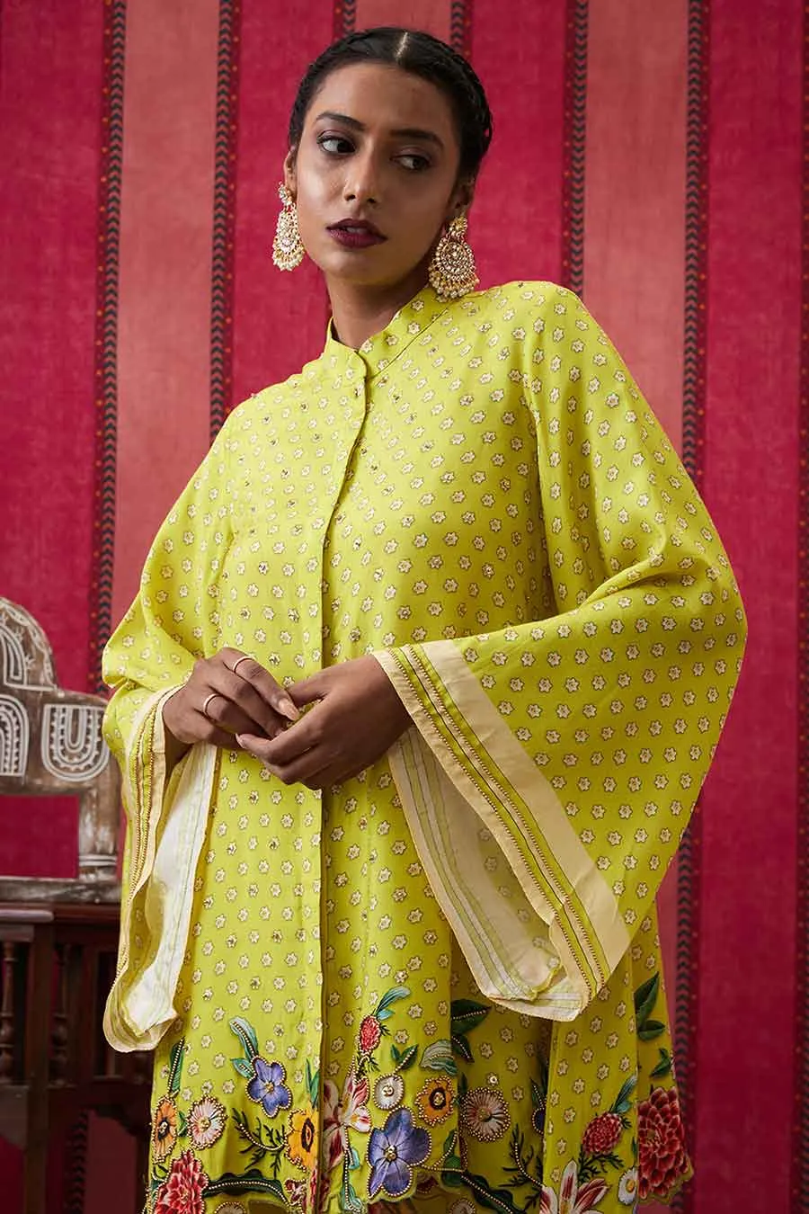 Yellow Gulista Applique High-Low Shirt & Pant Co-Ord Set