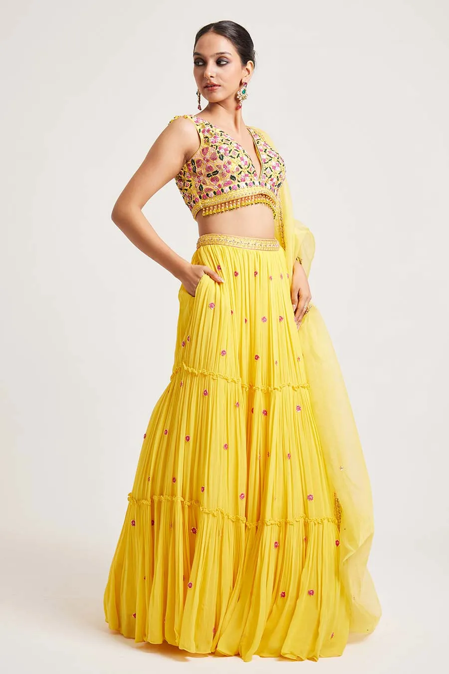 Yellow Hanika Hand-Embroidered Lehenga Set
