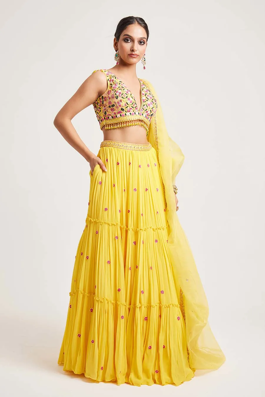 Yellow Hanika Hand-Embroidered Lehenga Set