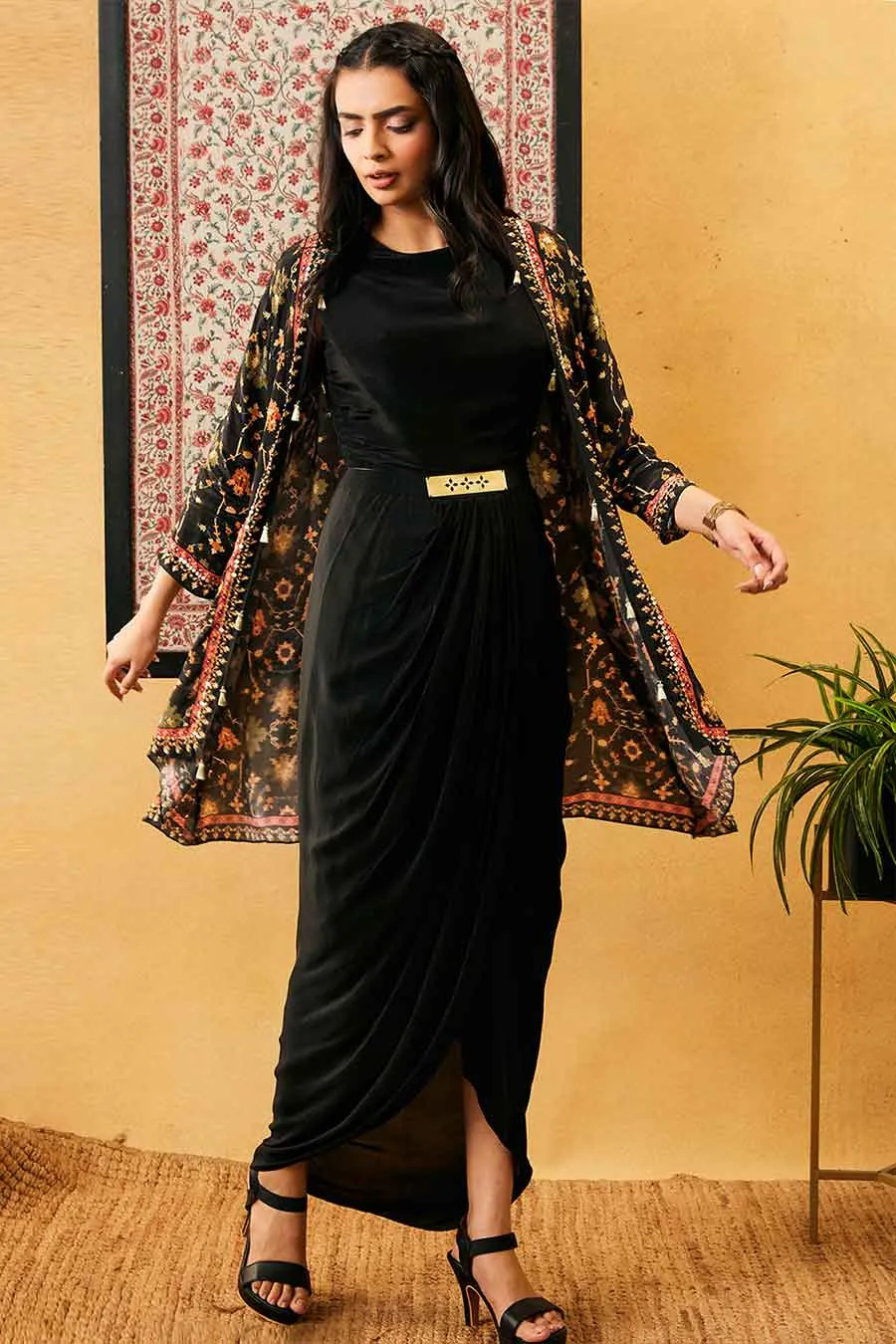 Zahra Solid Drape Dress With Jacket